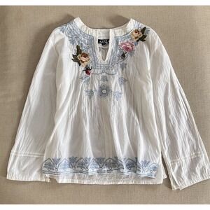 AZIZA White Boho Floral Embroidered Blouse Vintage Cottagecore Hippie Top XL